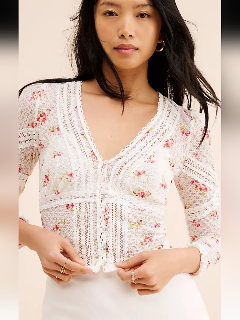 Free People Kika Printed Lace Detail Top * NWOT *Large - Picture 2 of 4